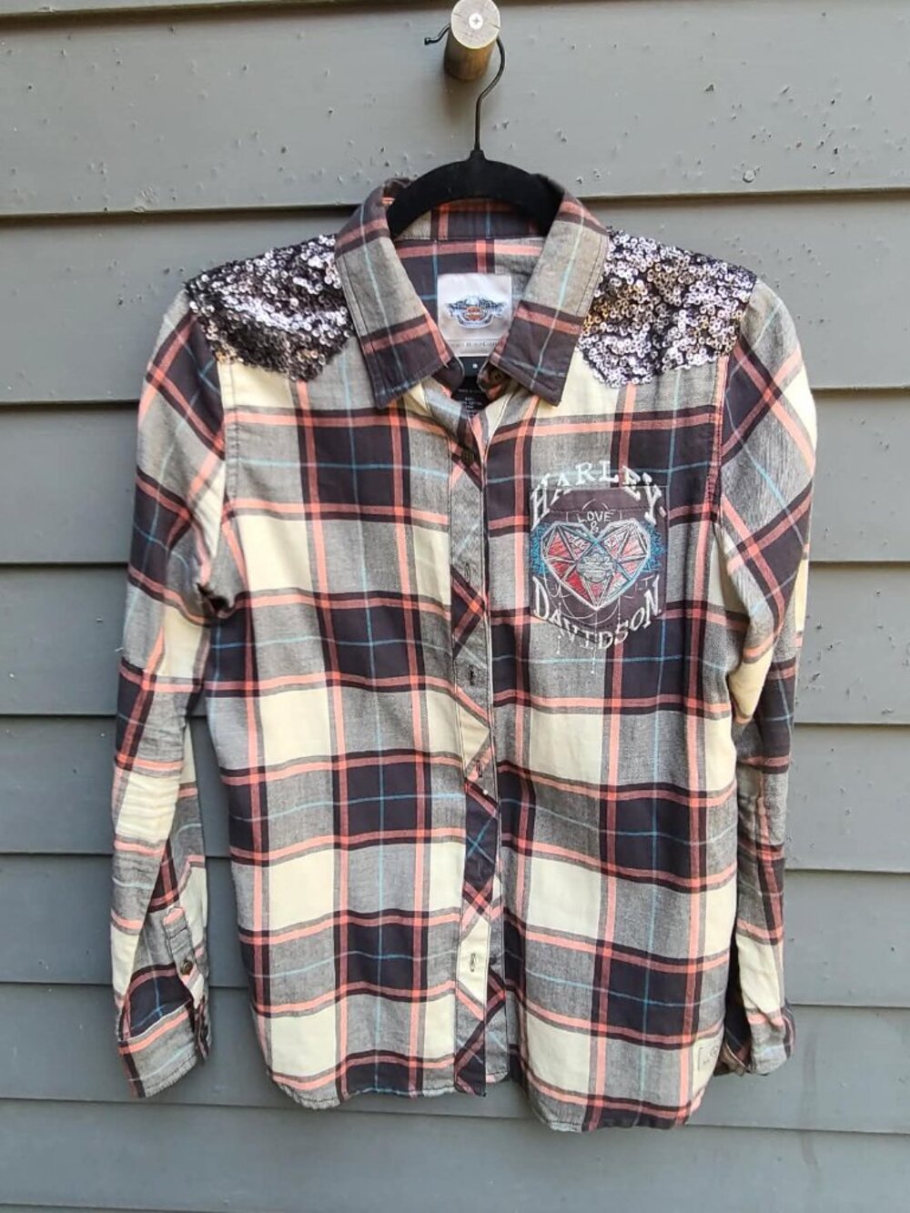 Harley Davidson Genuine Motor Clothes Black Plaid Sequin Button Down size Small